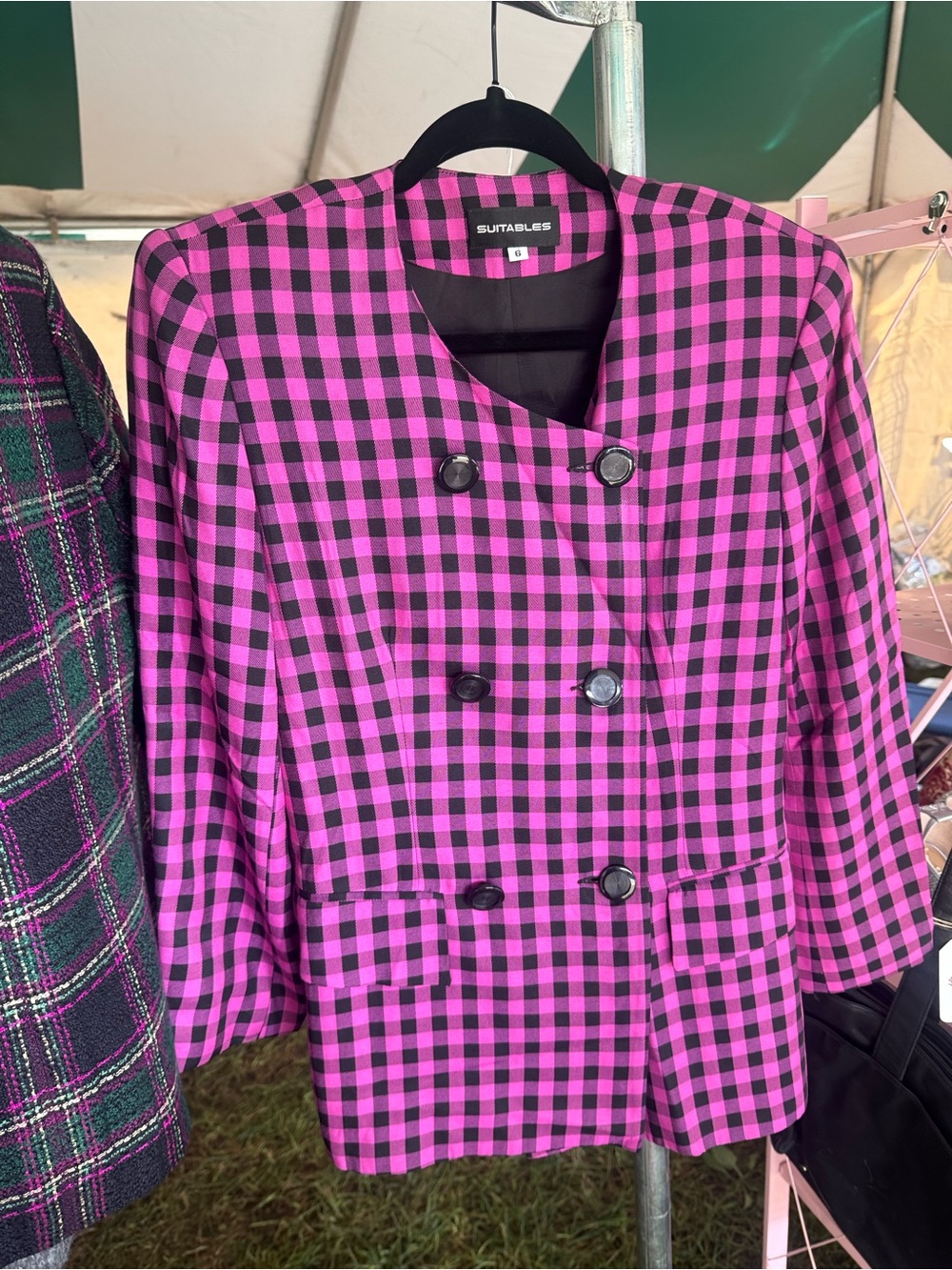 Vtg 1980s Pink & Black Check Double-Breasted Blazer